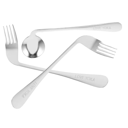Gogogmee 1Set Self Feeding Adaptive Utensils for Elderly Curved Stainless Steel Angled Spoon and Fork Easy Use Dining Aid for Patients and Seniors Left Handed Forks Right Handed
