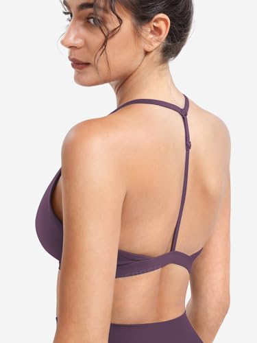 Image of YEOREO CoreFlex Sports Bras for Women Strappy Padded Halter Open Back Light Impact Deep V Neck Yoga Workout Gym Tops