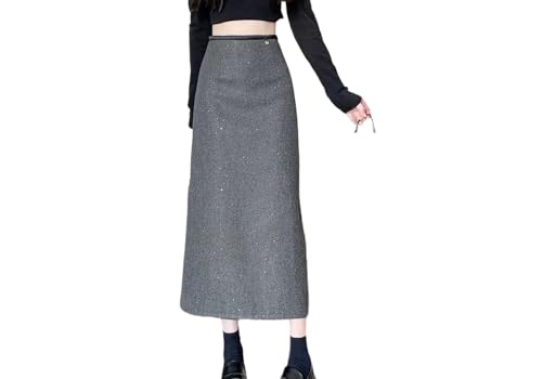 Women Wool Blend Skirt Winter High Waist Bodycon Sparkle Sequin Back Slit Pencil Skirt