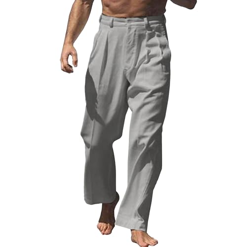Men's Linen Pants Lightweight Elastic Waist Relaxed Fit Pants Casual Loose Fit Summer Beach Trousers