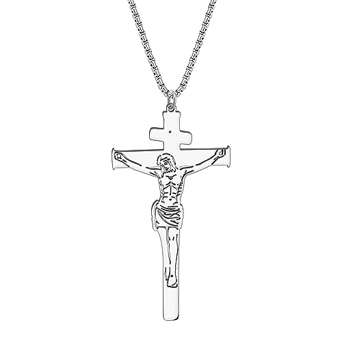 RAIDIN Collier Croix en acier inoxydable plaqué or 18K pour femmes hommes Baptême Pendentif Jésus Chrétien Bijoux Cadeaux pour filles Charms (Argent-167)
