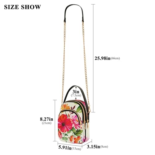 Shoulder Handbag Women Floral Pink Red Flowers Quilted Phone Handbag Small Chain Purse Cute Zipper Bowler Tote Ladies Satchel, 5.9" × 8.3" × 3.1"3
