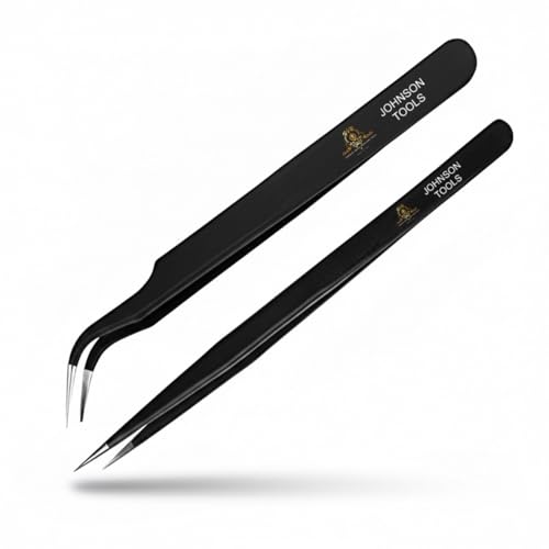 Johnson Tools Set of 2 Black Coated Stainless Steel Tweezers - Straight and Curved for Multiple Uses Johnson Tools Set of 2 Black Coated Stainless Ste
