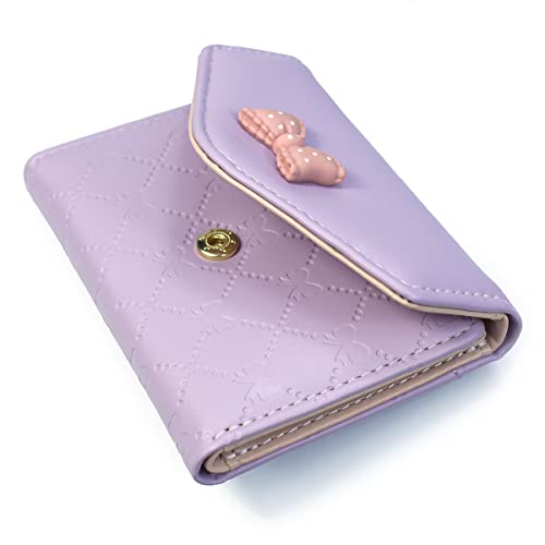 SUMGOGO Womens Girls Wallet Cute Bowknot Trifold Wallet Leather Purse Small Slim Short Wallet Cash Card Holder Bag (Purple)2