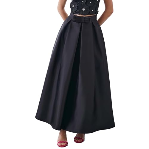 CHICWISH Women Bowknot Pleated Maxi Skirt Casual High Waist A-Line Prom Party Swing Long Skirts with Pockets2