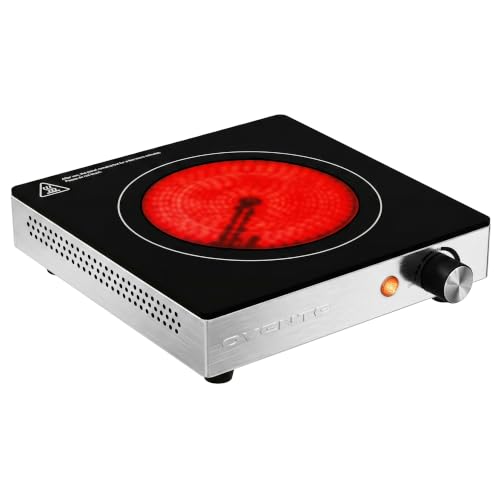 OVENTE Infrared Ceramic Single Burner, 1200W Electric Countertop Hot Plate with Black Crystalline Glass, Portable Stainless Steel Cooktop for Home, Office, or Dorm Use, Black BGI301GB