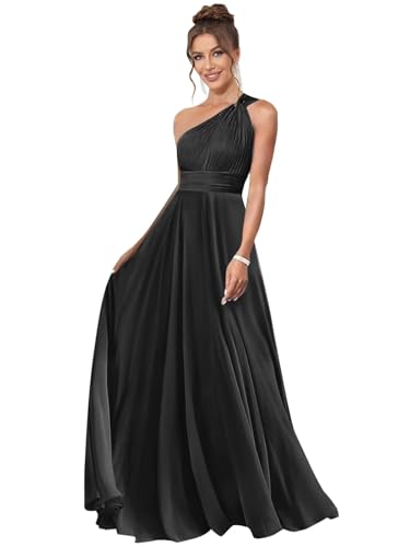 One Shoulder Bridesmaid Dresses for Women Pleated A Line Chiffon Long Evening Dress Formal Gown with Pocket