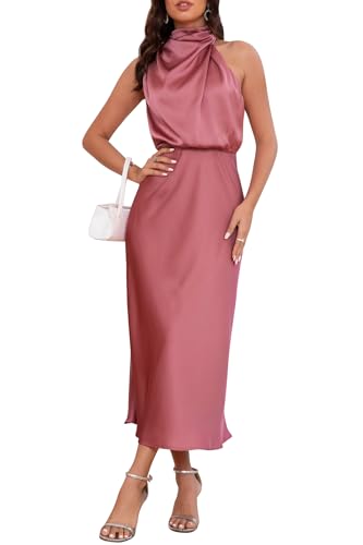 Image of Women's Satin Maxi Dress Summer Formal Wedding Guest Cocktail Dress | Mock Neck Sleeveless,Elegant Silk Midi Long Dress,High Neck,Halter,Aline,Bridesmaid,Bridal Shower Guest,Garden Party,Dinner