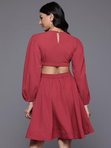 Image of Varanga Women Rust Round Neck, Cut-Out Detail On Waist, Knee Length Dress