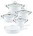 Riess, 0558-033, emaliowany zestaw 5-częściowy, NOUVELLE - ARCTICWEISS, składający się z: Garnek do mięsa ze szklaną pokrywką 16, 20, 24 cm, rondel ze szklaną pokrywką 20 cm, patelnia emaliowana 28 cm