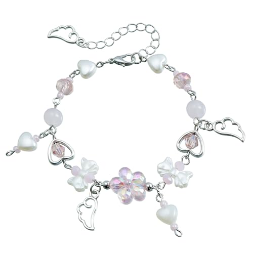 Bracelet nœud cœur et perles fleurs, bijoux réglables Y2K pour femme