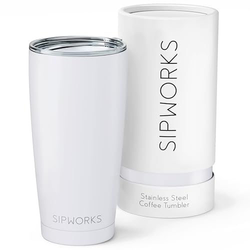 Vaso de café de acero inoxidable Sipworks: doble pared aislada al vacío a prueba de derrames, taza de café de metal con tapa, 20 onzas