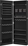 SONGMICS Mirror Jewelry Cabinet Armoire, Wall or Door Mounted Jewelry Storage, Hanging Lockable Frameless with 2 Plastic Cosmetic Organizers, Gift Idea, Black UJJC001B01