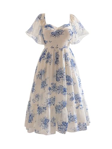 MakeMeChic Women's Plus Size Dress Floral Square Neck Short Sleeve A Line Shirred Boho Maxi Dresses