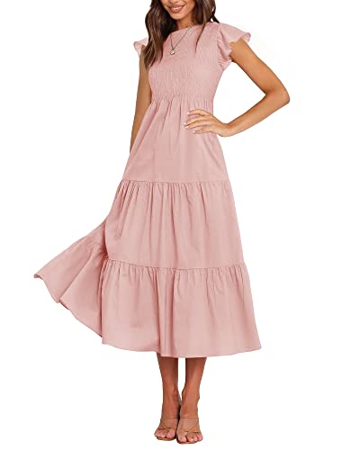Image of BTFBM Women Casual Short Sleeve Crew Neck Summer Dress Bohemian Floral Printed Flowy Maxi Dresses Tiered Cocktail Dress