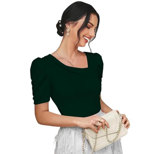 Image of Women's Asymmetric Neck Puff-Balloon Bishop Sleeve Casual Tee Top | Winter Dress | Western Dress | Women Dress | Trendy Dress