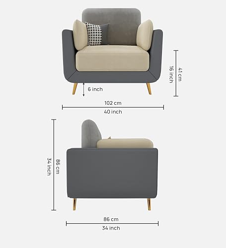 Image of Black Wood Modern Montez Luxurious Velvet 1 Seater Sofa for Bedroom, Living Room, Dining Room, Drawing Room, Home Office in Bug Resistant Wood (Grey & Beige, 1 Seater)