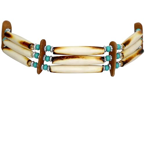 outROAR Gear Native Style Bone Choker Necklace- Three Row American Indian Inspired Regalia - Rustic Beige with Blue/Brown Accents