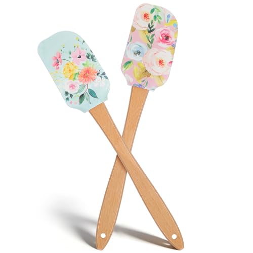 Magiclulu 2Pcs Floral Silicone Spatula Set With Wooden Handle, Heat Resistant Rubber Scraper For Baking Cake Mixing, Non-Stick Kitchen Utensils For Cooking, Flower Pattern 11.8 Inch