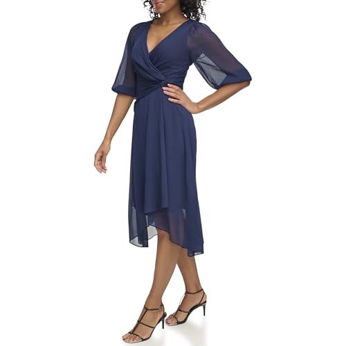 DKNY Women's Balloon Half Sleeve Faux Wrap Midi Dress2