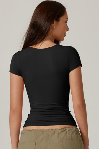 QINSEN Women's Crew Neck Short Sleeve Tees Double Lined Slim Fit T Shirt Basic Y2K Tops2