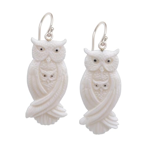 NOVICA Handcrafted .925 Sterling Silver Bone Dangle Owl Family | Handmade Artisan | Aretes de buho | Jewelry Dangle Earring | Carved Bone | Animal Themed Earrings
