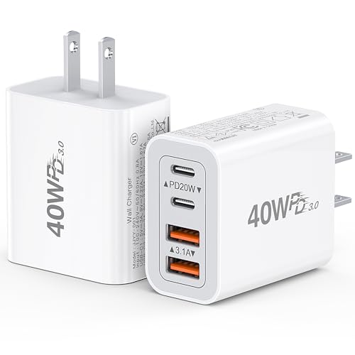 [2-Pack] 40W USB C Charger Cube Wall Plug Fast Charging Block 4-Port PD+QC Power Adapter Multiport Brick Type C Box for iPhone 17/16/15/14/13/12/11/Pro Max/XS/XR/8/7 Tablets Samsung