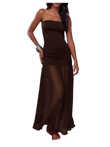 GORGLITTER Women's Strapless Mesh Maxi Dress Sexy Backless Bodycon Party Cocktail Tube Top Dresses