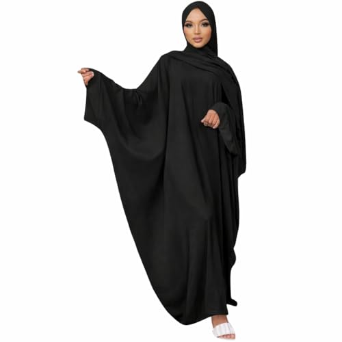 NAJMA Robe Abaya Longue Large Taille Unique en Soie de médine avec Manche Lycra (Noir foncé)