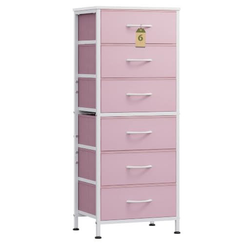 WLIVE Fabric Dresser for Bedroom, 6 Drawer Dressers Chest of Drawers, Pink