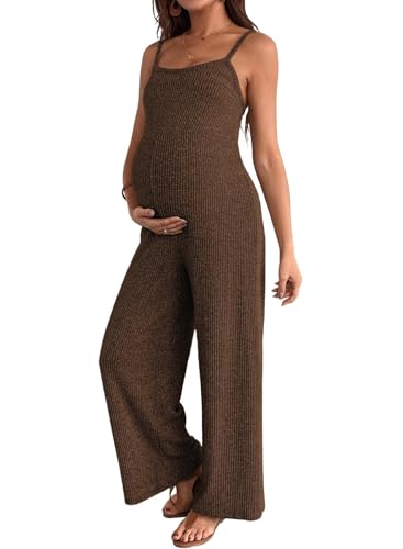 BLENCOT Brown Jumpsuit for Women Casual Loose Adjustable Strap Sleeveless Ribbed Stretch Rompers Maternity Pajamas Medium