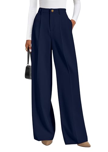 PRETTYGARDEN Womens Wide Leg Dress Pants 2026 Business Casual Flowy Work Palazzo Pants High Waisted Slacks Trousers (Navy Medium)