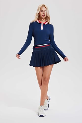 Image of Tennis Skirt Sets for Women Zipper Color Block High Waisted Golf Polo Two Piece Skirt Set Women 2 Piece Outfits