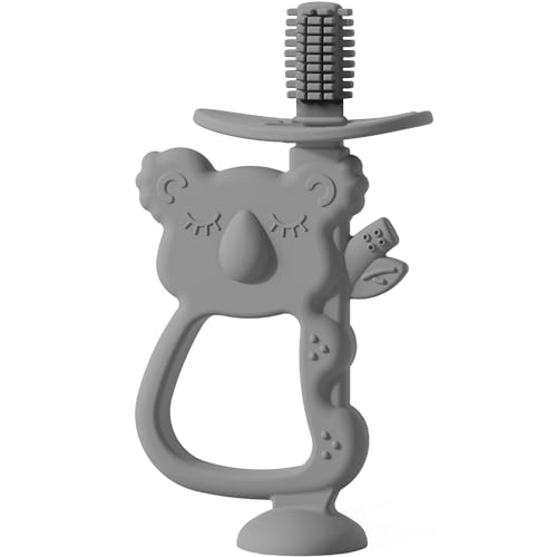 Moonkie Teething Toy, Safe & Easy to Hold BPA Free Silicone Teethers, 360° Baby Toothbrush with Suction Base, Teether Toys Best for Babies 6-12 Months (Koala Lunar Grey)