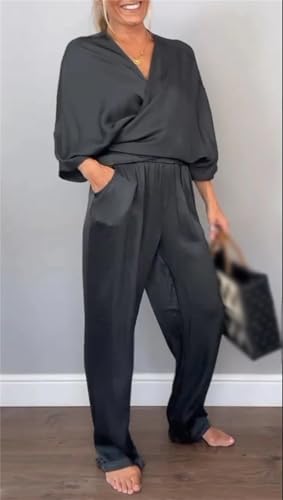 Women's V-Neck Casual Comfortable Satin Suit 3/4 Sleeve V Neck Long Sleeve and Wide Leg Oversized 2 Piece Outfits2