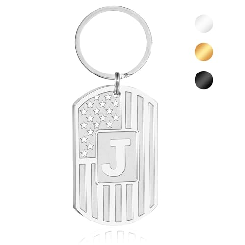 Image of Initial Keychain for Men, A-Z Letter American Flag KeyChain Gifts for Men