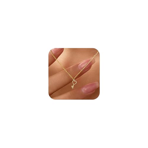 LOVECOM Heart Key Necklaces for Women 14K Gold Plated Love Heart Charm Pendant Necklace 925 Sterling Silver Key Chain Necklace Jewelry Christmas Gifts for Couple Girlfriend Daughter