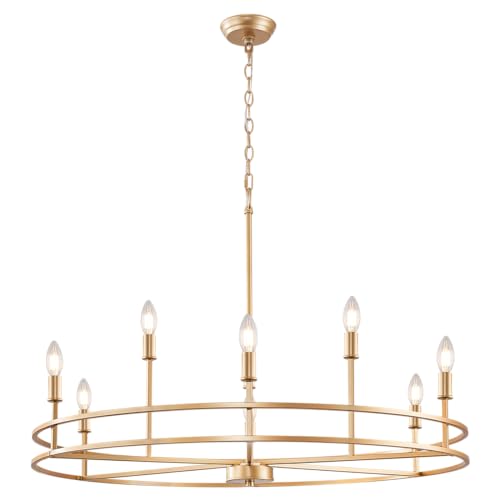 Brushed Gold Chandelier Light Fixture 9-Light Round Dining Room Chandelier Over Table Brass Chandeliers Lighting for Master Bedroom 35in Metal Chandeliers for Living Room Foyer Bathroom