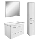 FACKELMANN weißes Hochglanz Badmöbel Set 4-TLG. Milano hängend mit Waschbecken 80 cm & LED Badspiegel & Hochschrank