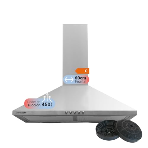 UNIVERSALBLUE Campana Extractora 60 cm Piramidal Acero Inoxidable 3 Velocidades | Potencia 450 m³/h | Extractor de Aire y Humo Eléctrico de Pared para Cocina | Filtros de Aluminio