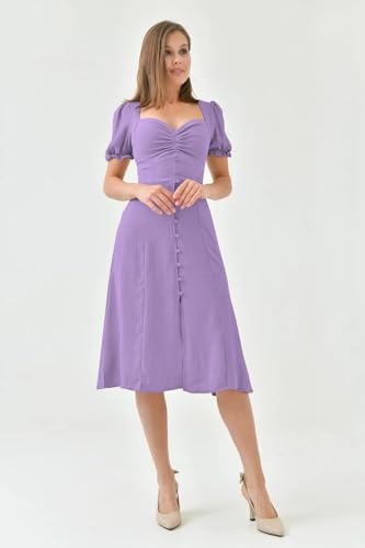 Image of Shasmi Girl's & Women's Solid Midi Dress - Elegant Square Neck Button-Down Dress with Puff Short Sleeves | Stylish Casual & Party & Office Wear Outfit (Dress 105)