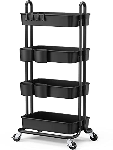 Pipishell 4-Tier Rolling Cart, Utility Cart With Lockable Casters, Pp Plastic Storage Baskets, Hanging Cups & Hooks, Rolling Cart For Living Room, Bedroom, Kitchen, Bathroom, Art Studio(Black) #TOP7