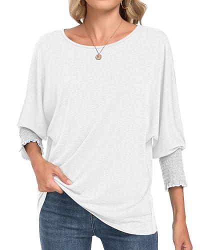 WNEEDU Camiseta tipo túnica para mujer con manga de 3/4, cuello redondo, ajuste holgado, blusas elegantes con mangas abullonadas y arrugadas, blanco crema, XXL
