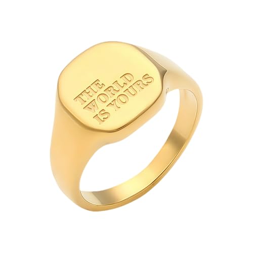 Chunky Gold Rings For Women, The World Is Yours Lettering Stainless Steel Engraving Non Tarnish Stackable Engagement Statement Trendy Birthday Jewelry Gift