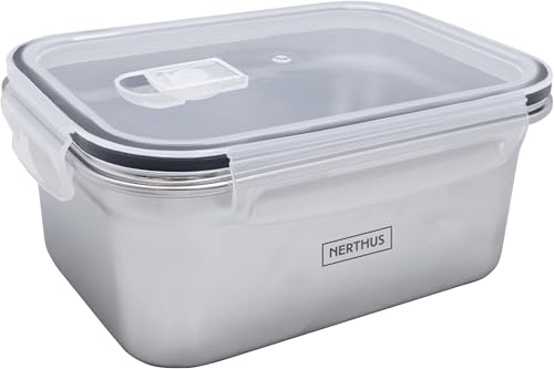 Nerthus FIH 1516 Recipiente hermético rectangular de acero inoxidable, libre de BPA, apto para microondas y congelador, ideal para almacenar y transportar alimentos
