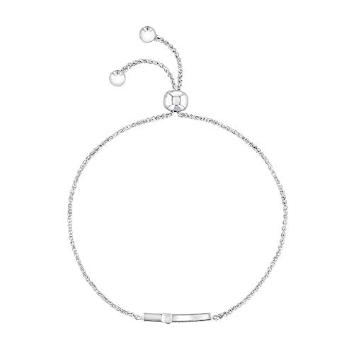 Women's/Ladies 925 Sterling Silver Real/Natural Diamond Sideways Cross Station/Centerpiece Bolo (Adjustable) Bracelet, Solid Silver 1/10 ctw (Carat Total Weight) Diamond Cross Accent Bracelet, 8"2