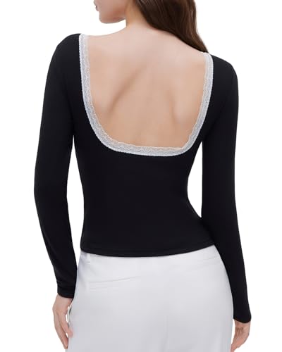 OMKAGI Backless Going Out Tops for Women Fitted Long Sleeve Double Layer Lace Shirts(S 457-Black White)