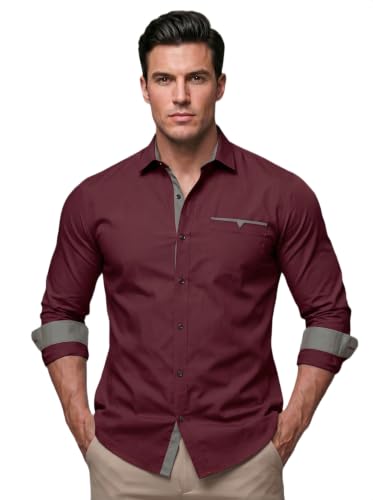 Image of Men's Cotton Blend Shirt with Solid Long Sleeves Spread Coller Neck Regular Fit Single Chest Pocket and Standard Length | Cotton Casual Shirt for Man