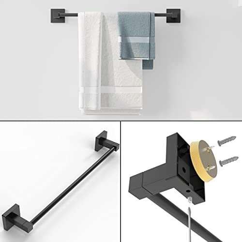 Ruacq 4 Pieces Bathroom Hardware Set Matte Black Square Stainless Steel and Zinc Alloy Modern Wall Mounted,18-Inch Towel Bar,Toilet Paper Holder,Towel Ring,Robe Hook,Bathroom Accessories Kit - Image 4