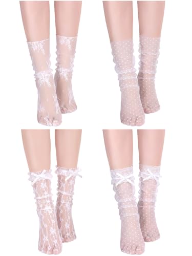 Image of Geyoga 4 Pair Women Lace Ankle Socks Sheer Mesh Slouch